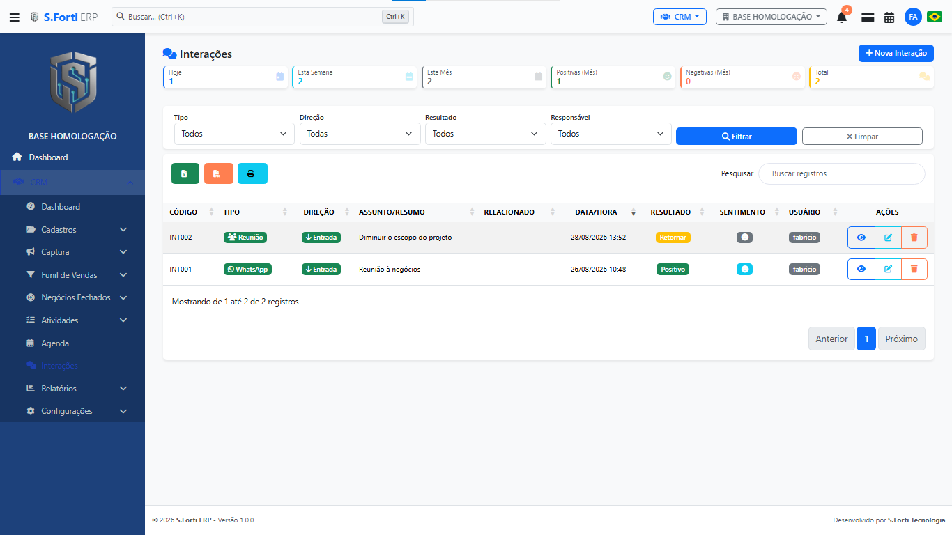 Histórico de interações — CRM | S.FORTI ERP