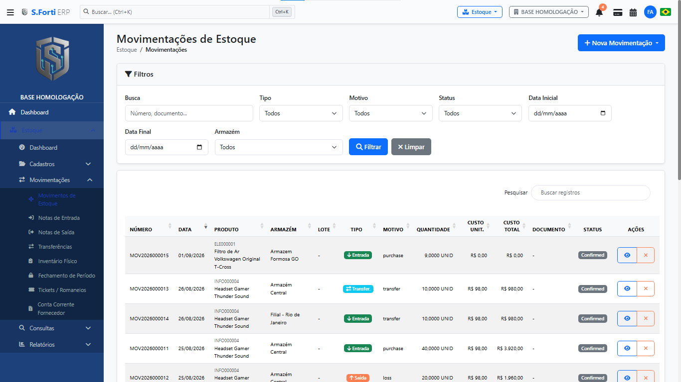 Movimentações — Estoque | S.FORTI ERP