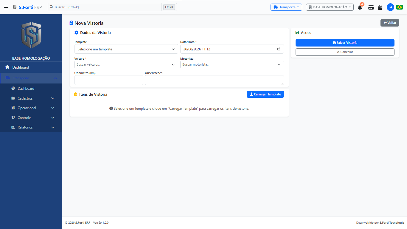 Vistoria por checklist — Transporte / Frota | S.FORTI ERP